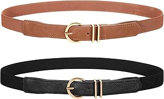 2 Pack/ 3 Pack Women’s Skinny Elastic Waist Belt With Gold Buckle Thin Stretchy Belt for Dress Jeans