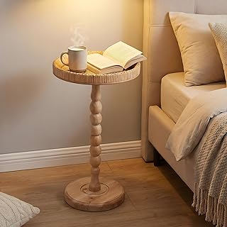 Boho Rattan Round Side Table - Small Pedestal Table for Living Room, Bedroom, or Office - Compact End Table with Solid Wood Legs - Modern Coffee Table for Small Spaces, Corners, & Plant Stand