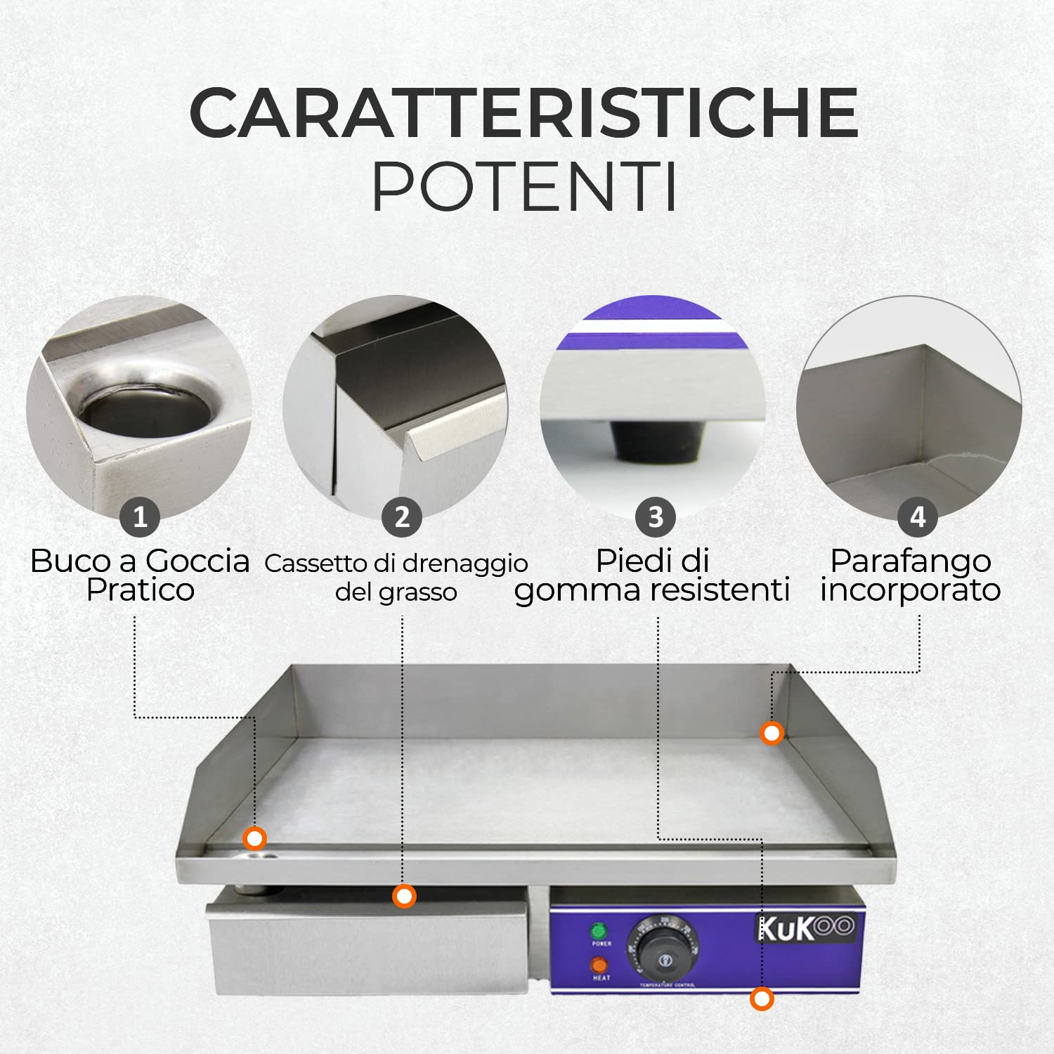 Kukoo - Piastra Elettrica da Cucina in Acciaio Inossidabile Griglia Professionale Liscia Bistecchiera da Bar Ristorante - 50cm