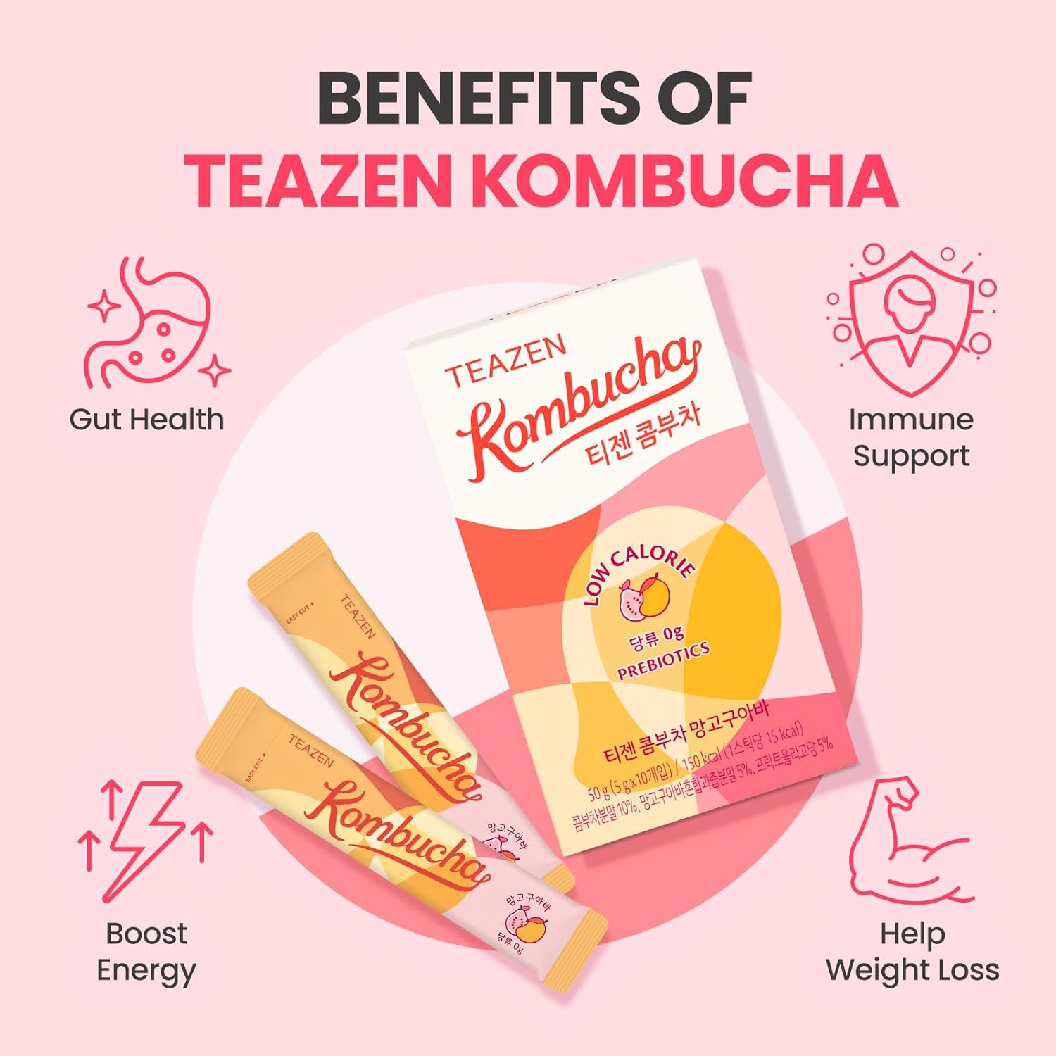 TEAZEN 4 Flavors 40 Sticks Variety Pack, Kombucha Peach, Pineapple, Mango Guava, Shine Muscat Flavor (40 Sticks)