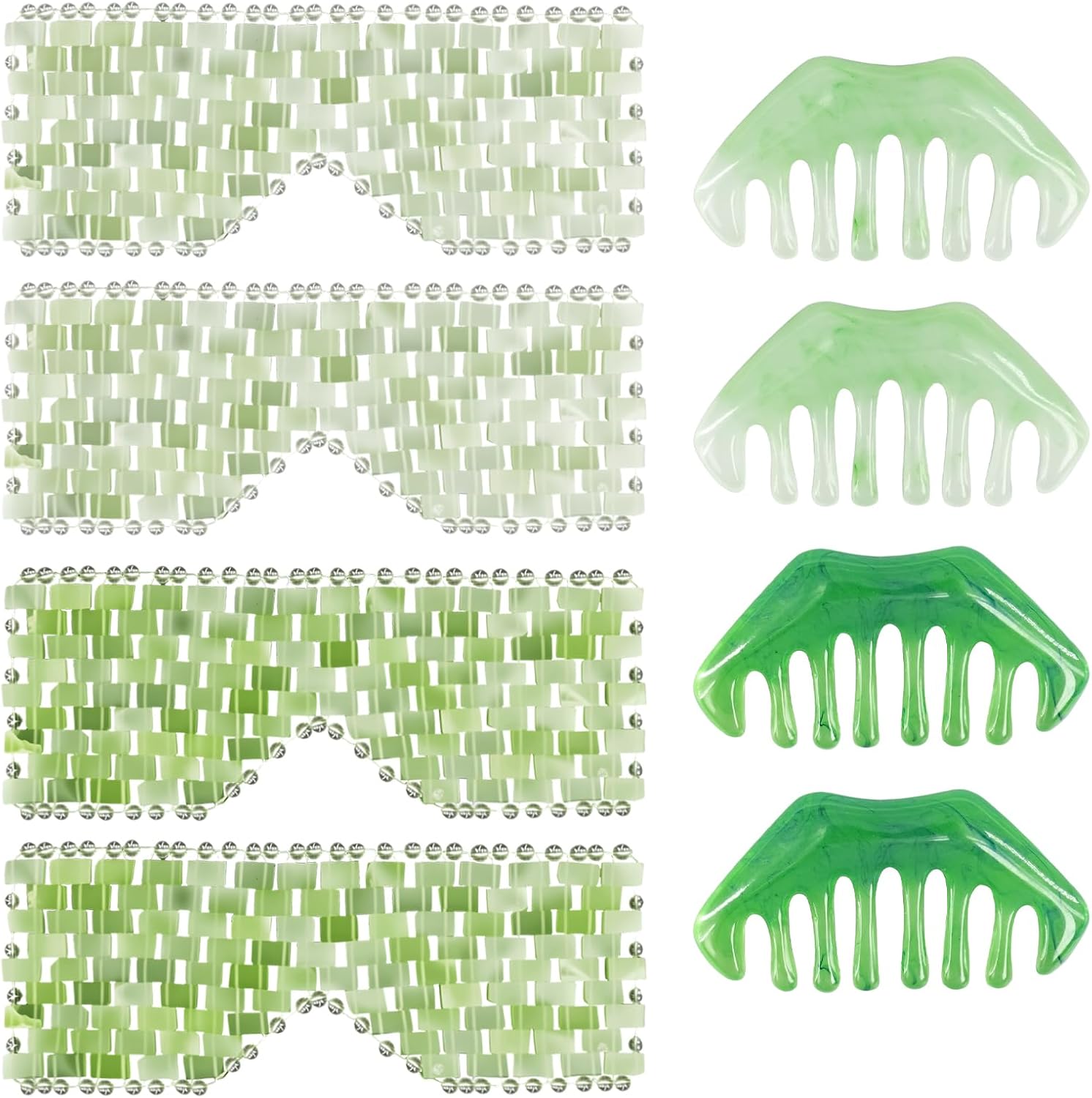 8 Pcs Jade Eye Mask and Hair Comb Set White Facial Cooling Green Jade Stone Eye Mask Set Relax Alleviate Puffiness Tool for Guasha Scalp Comb Facial Massage Esthetician Supplies
