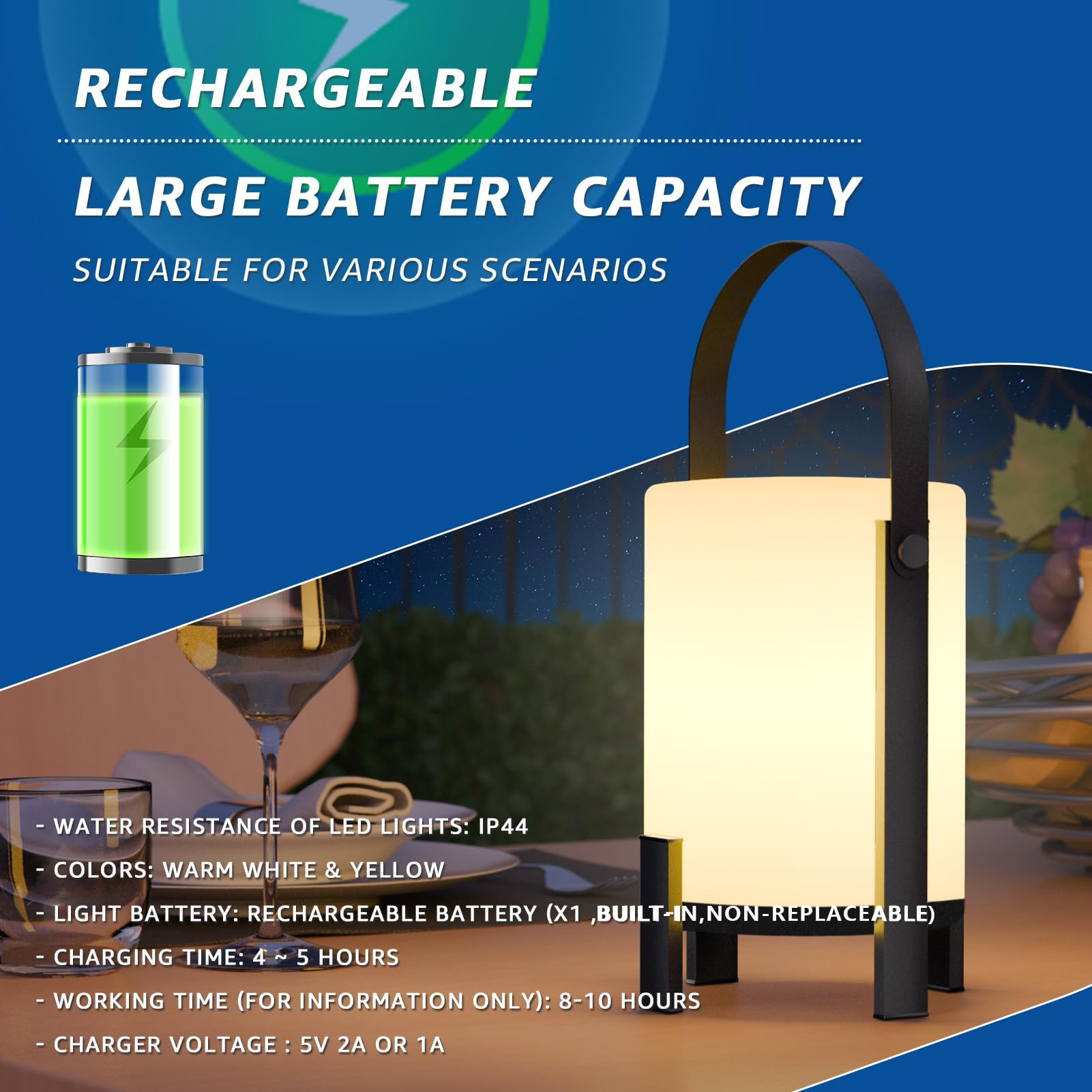 RWWR Lampe de Table Sans Fil Portable LED Lampe de Table d'Extérieur 3000K et Mode Bougie Lampe de Table Rechargeable Dimmable avec Fonction Minuterie IP44 pour Camping Jardin Balcon Terrasse
