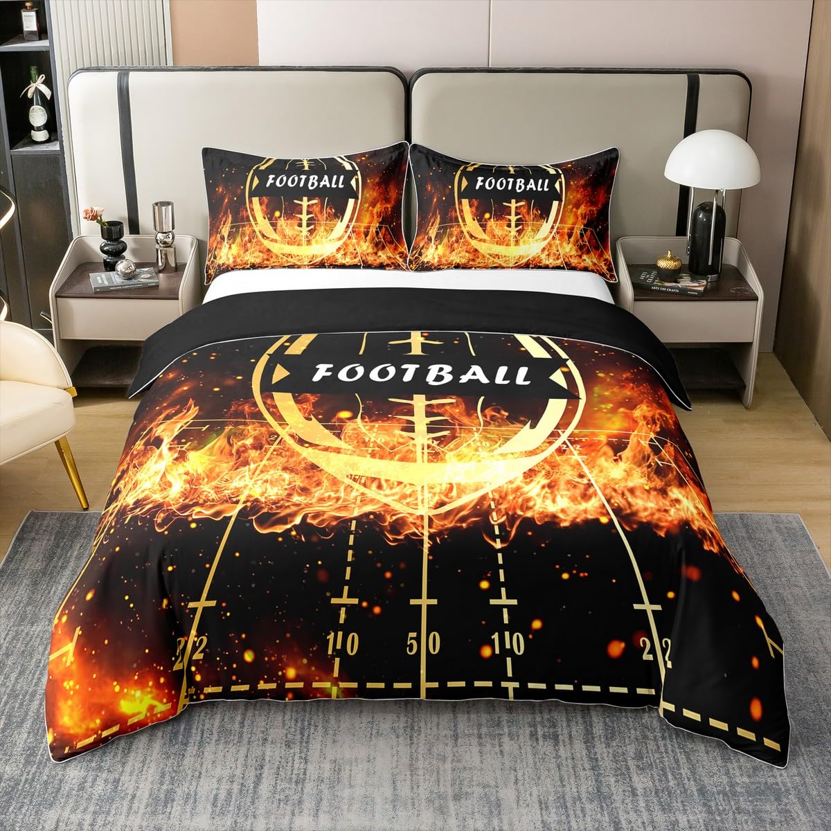 Football 100% Cotton Duvet Cover Single for Kids Teens Adults,Sports Bedding Set,Fire Print Bed Set,Sport Game Ball Theme Quilt Cover with 1 Pillow Sham for Bedroom