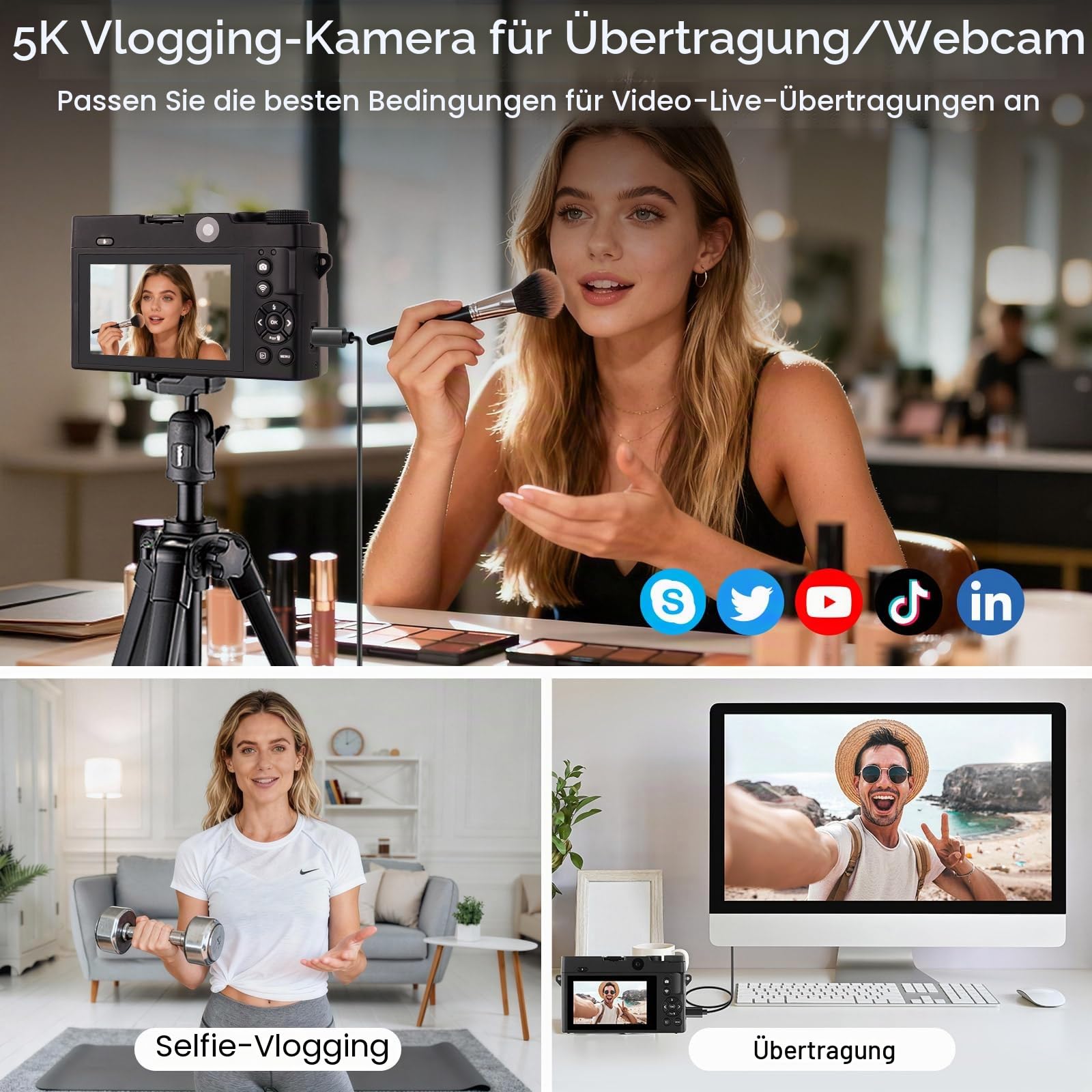 LAMA Digitalkamera 5K 75MP Dual Lens Digitalkamera, Autofokus Vlogging Kamera mit 32G SD-Karte, Kompaktkameras mit 3,0-Zoll-Bildschirm, 18X Digitalzoom Kameras Fotokamera für Anfänger, Schwarz