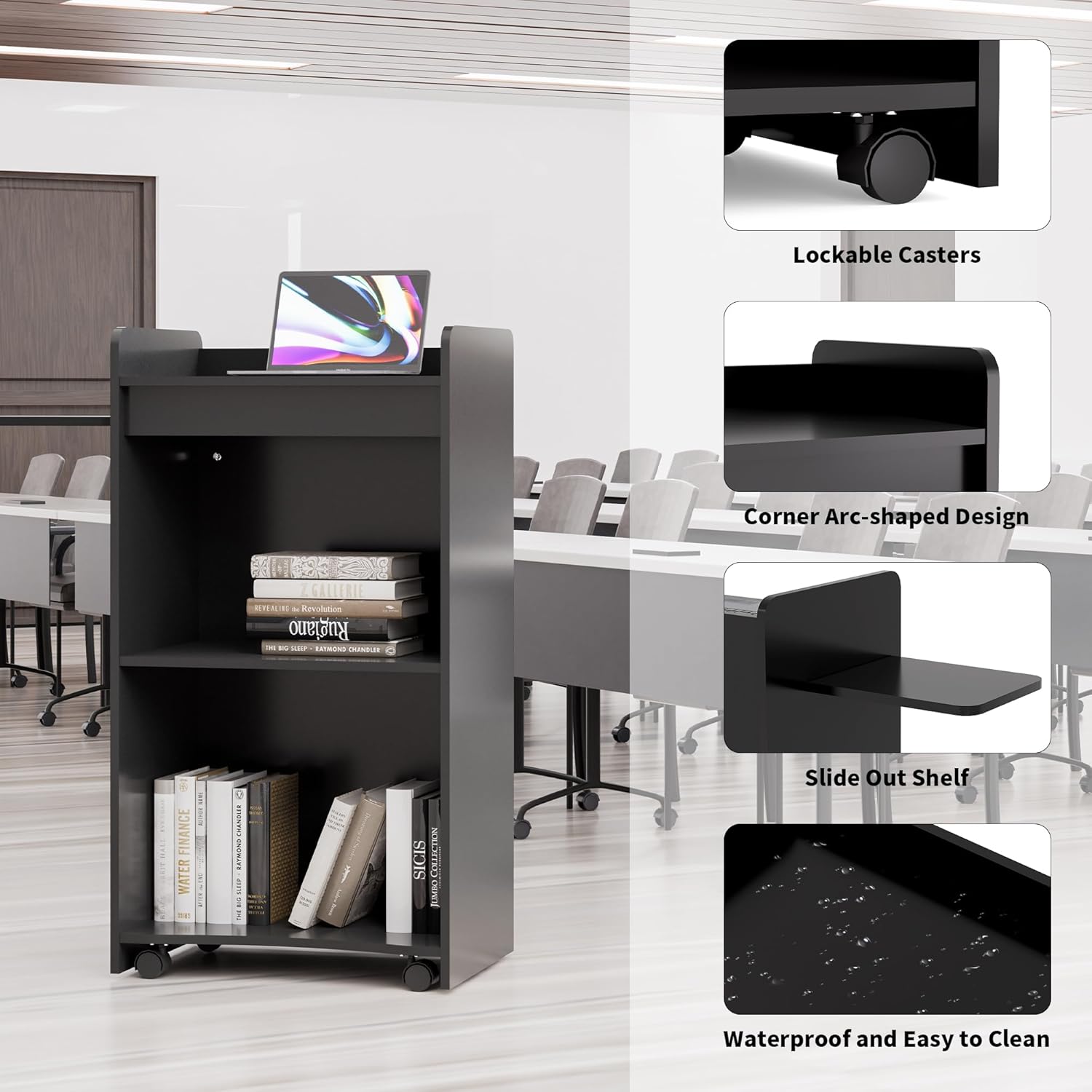 Podium Stand,Wood Podium with Side Shelf,Lockable Wheels,45"Lectern with 15MM Particle Board,Wooden Pulpit for Churches, Seminars and Schools (Black)