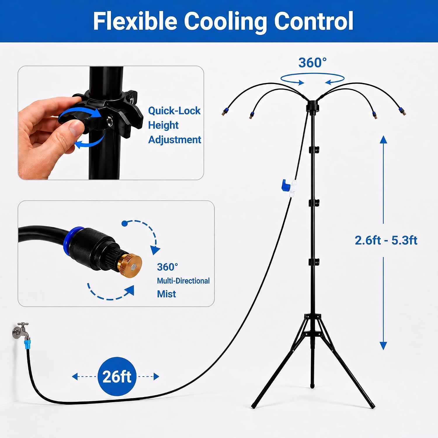 Standing Misters for Outside Patio, Portable Misting System with 5.3Ft Adjustable Height, 26Ft Water Hose and Stable Tripod Base for Backyard Pool Garden Cooling