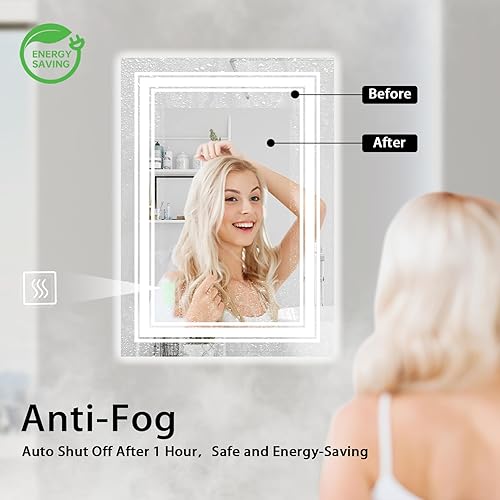 Miniatura 2 de FEUKNY Espejo de baño de 20 x 28 pulgadas con luces, espejo rectangular LED doble para montar en la pared con regulable, 3 colores, antivaho,