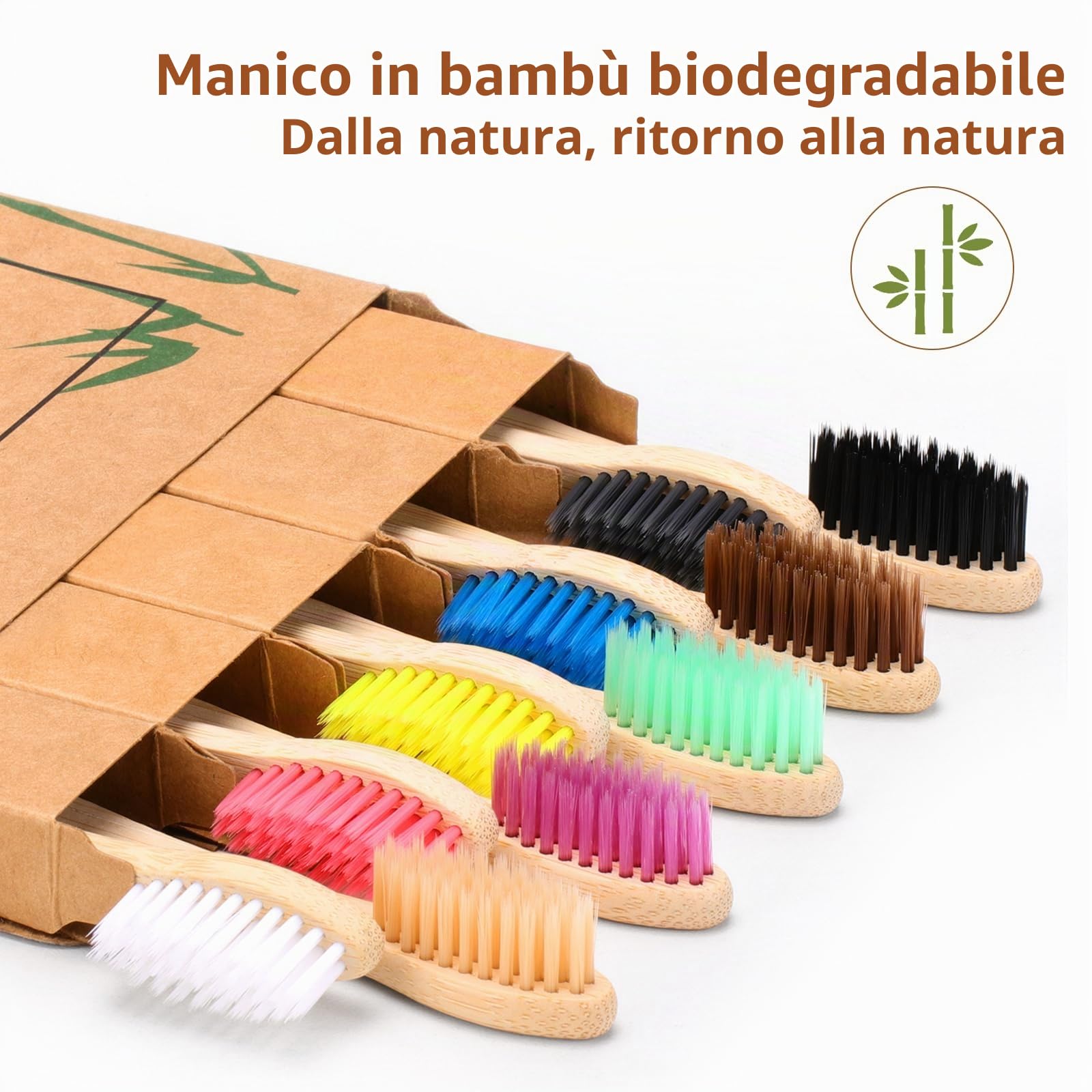 Spazzolino Bamboo, 100% Senza BPA Vegan Spazzolini Bamboo di Riutilizzabili e Biodegradabile, con Setole di Carbone Morbide e Disegno Individuale, Confezione Biodegradabile Sostenibile-10 Colori