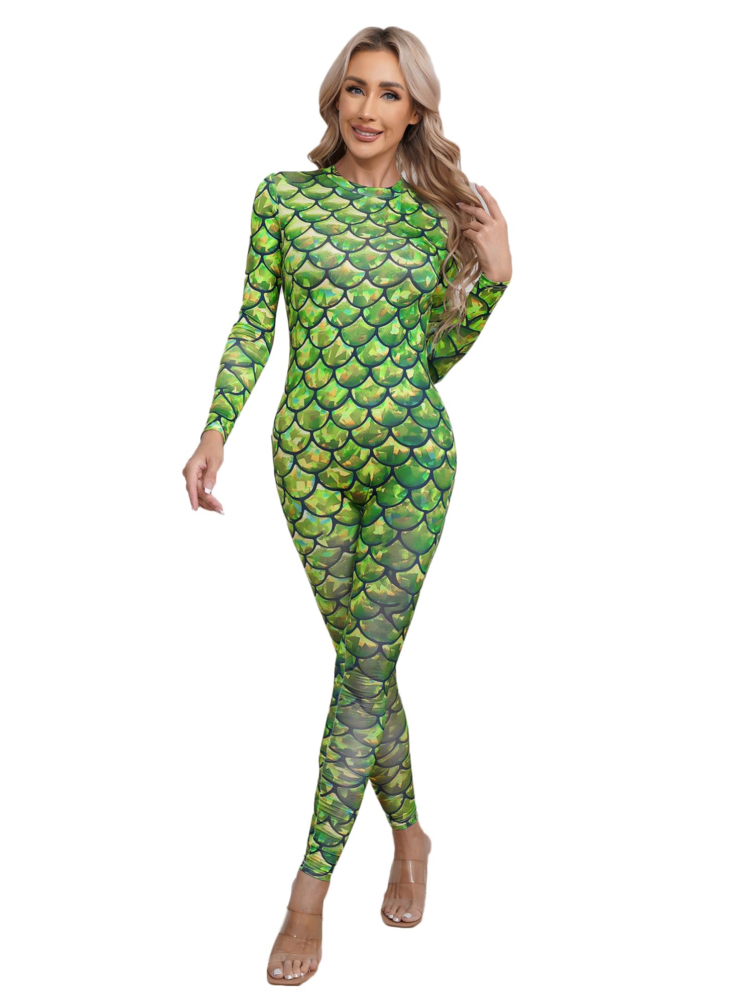IEFIEL Mono Gimnasia de Una Pieza para Mujer con Estampado de Escamas de Pescado Mono de Carnaval Disfraz Sirena de Cosplay S-XL