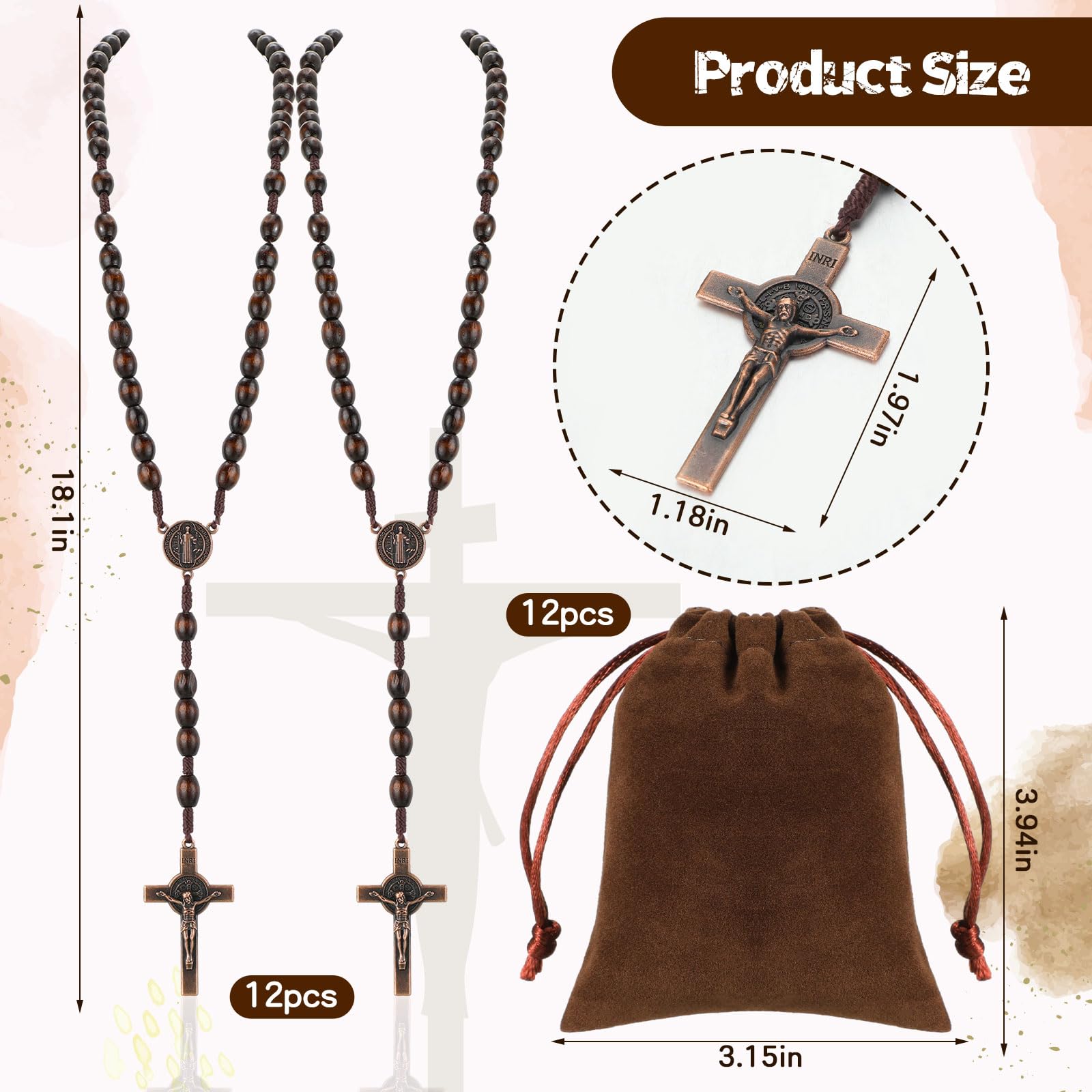 Equsion 12 Set Wooden Bead Rosary Necklace Catholic Rosary Wood Carved Solid Beads with Jesus Cross Our Father with Velour Gift Pouch Baptism Favors Catholic Gift(Dark Coffee)