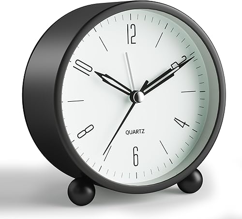 Reloj despertador analógico, reloj pequeño súper silencioso sin tic tac de 4 pulgadas con luz nocturna, funciona con pilas, diseño simple,