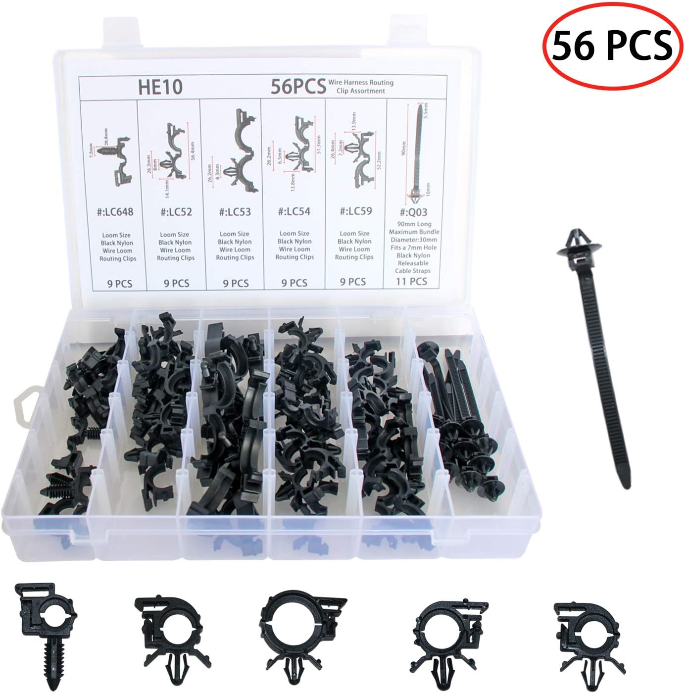 Car Wire Harness Routing Clip Wiring Harness Wire Loom Routing Clips Assortment 56 PCS Retainer Car Clips Contains 6 Different Sizes Replacement Parts for Honda GM Mazda