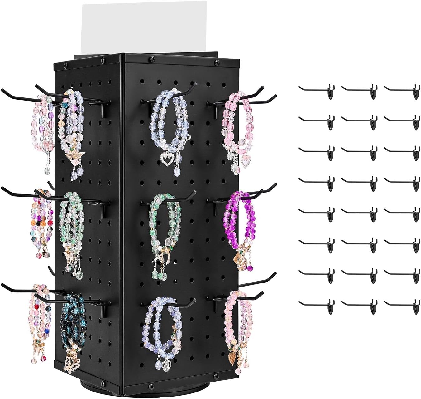 Rotating Pegboard Display Stand, 7.4 x 7.4 x 17 in 4-Sided Spinning Peg Board Display with 24 Hooks, Thickened Cold-Rolled Steel Craft Rack Organizer for Grocery Retail Store Jewelry Shop, Black