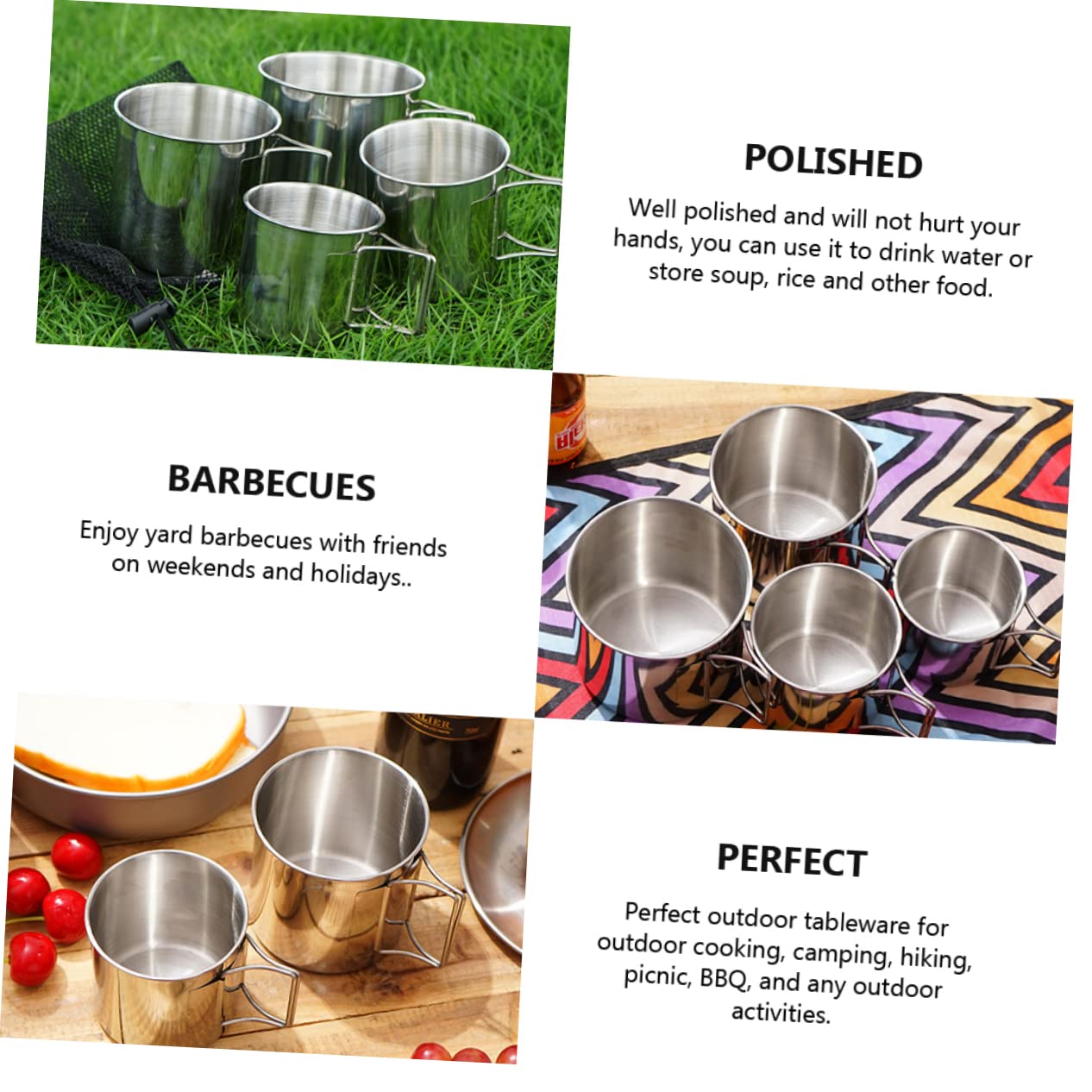 SKISUNO 4pcs Stainless Steel Cup Rice Bowl Mug Cup Stainless Steel Mug Water Container Outdoor Camping Mug Foldable Camping Folding Handle Metal Folding Drinking - Image 4