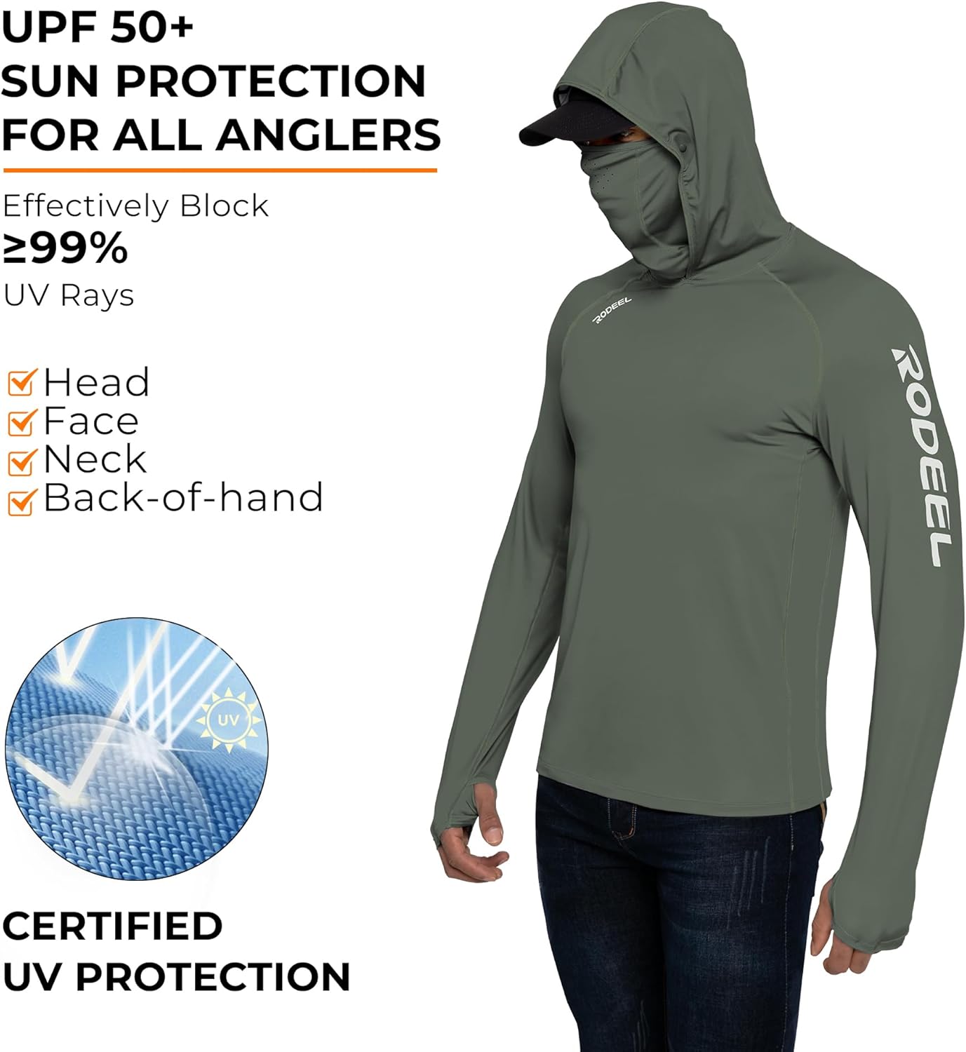 Rodeel Men's UPF 50+ Performance Fishing Hoodie, Long Sleeve Sun Protection Athletic Quick-Dry Breathable T-Shirt - Image 3