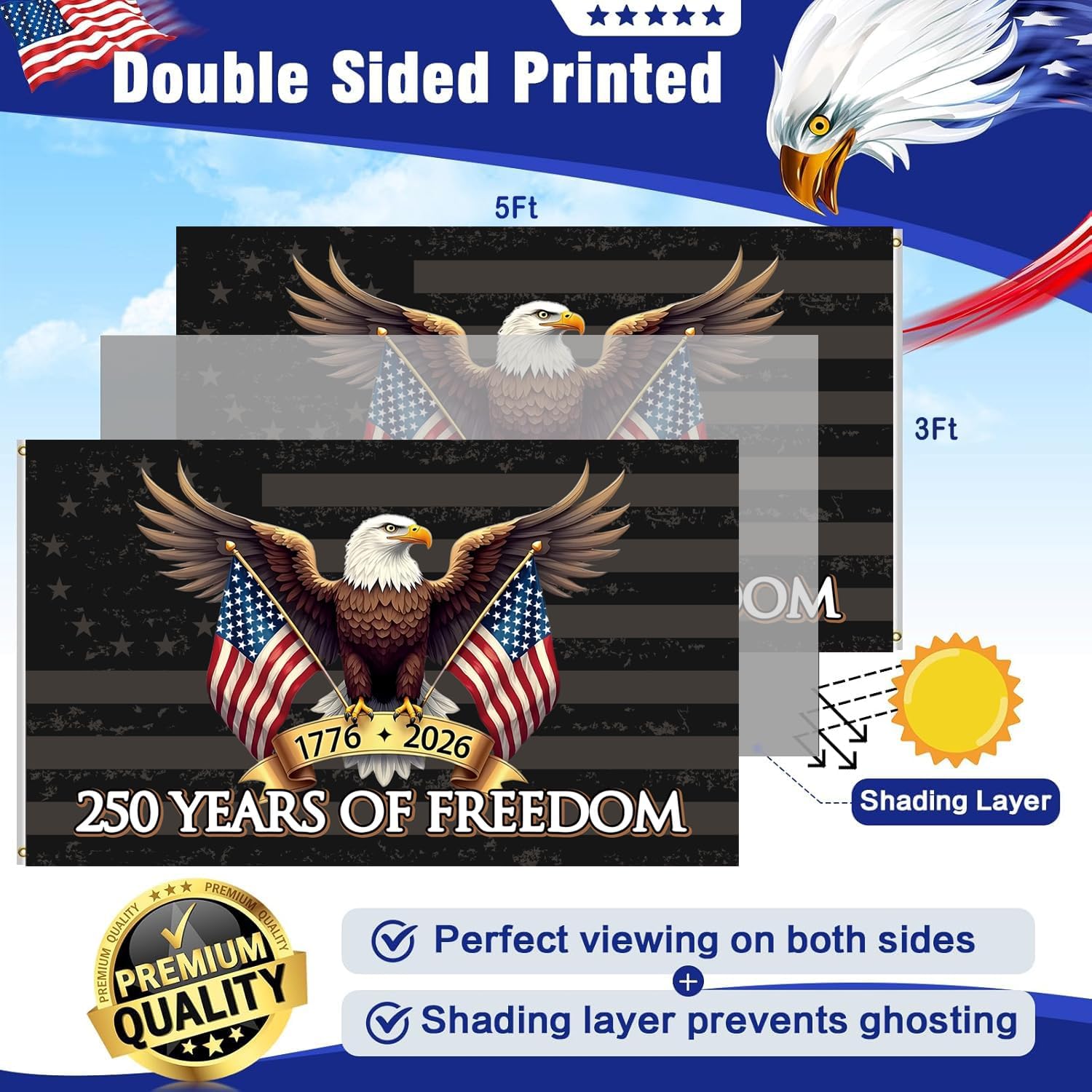 250th anniversary usa Flag 3x5: Double Sided 3-Ply Betsy Ross Flags Heavy Duty - UV Protection & Fade Resistant & Reinforced Brass Grommets - 250 Years Of Freedom - Image 2