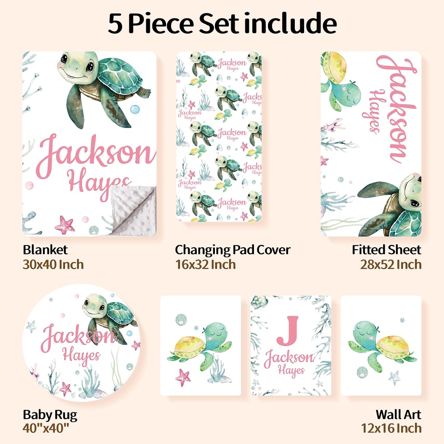 Personalized Baby Crib Bedding Set, Custom Name Nursery Bedding, Sea Turtle Dreams 5 Pcs Baby Bedding Set for Girl Boy, Double Layer Crib Set, Custom Gifts