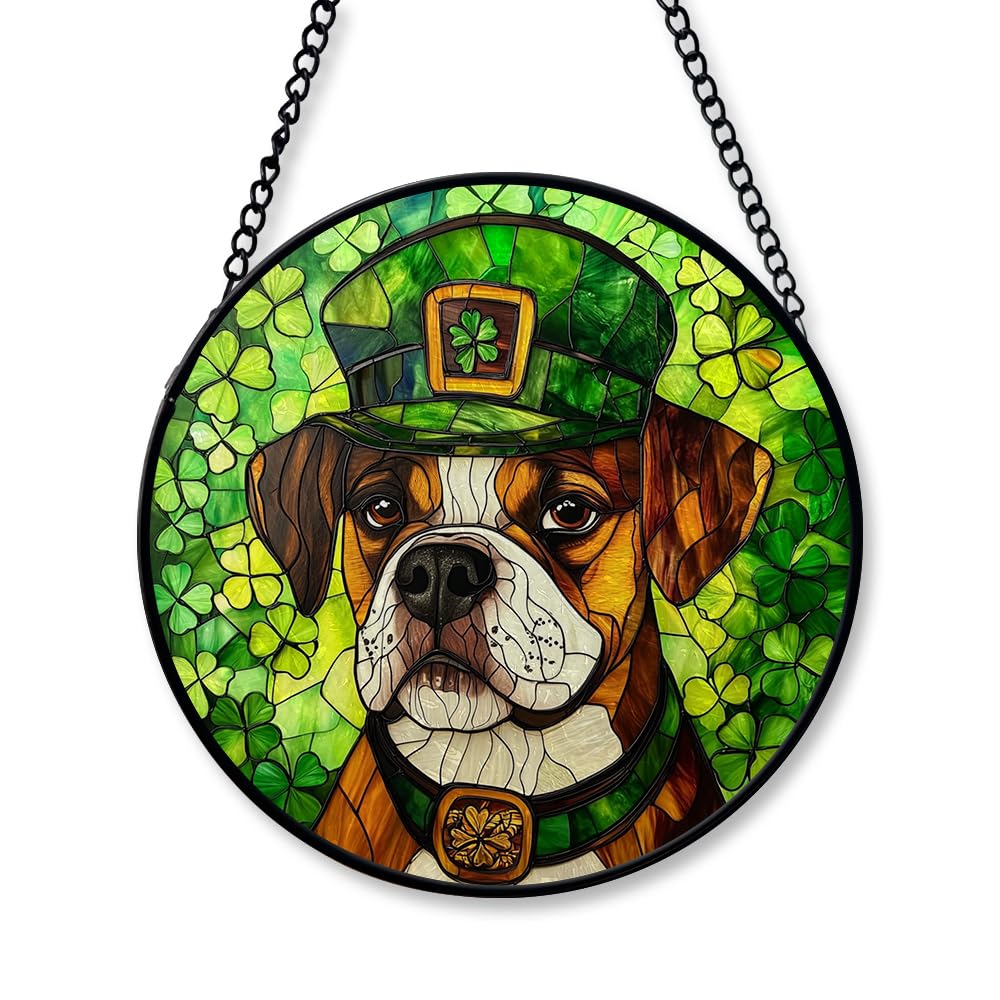 THUYPT St Patrick's Day Dog Suncatcher, Dog with Leprechaun Round Stained Glass - Window Hanging Garden Home Decorations St Patrick's Day Party,