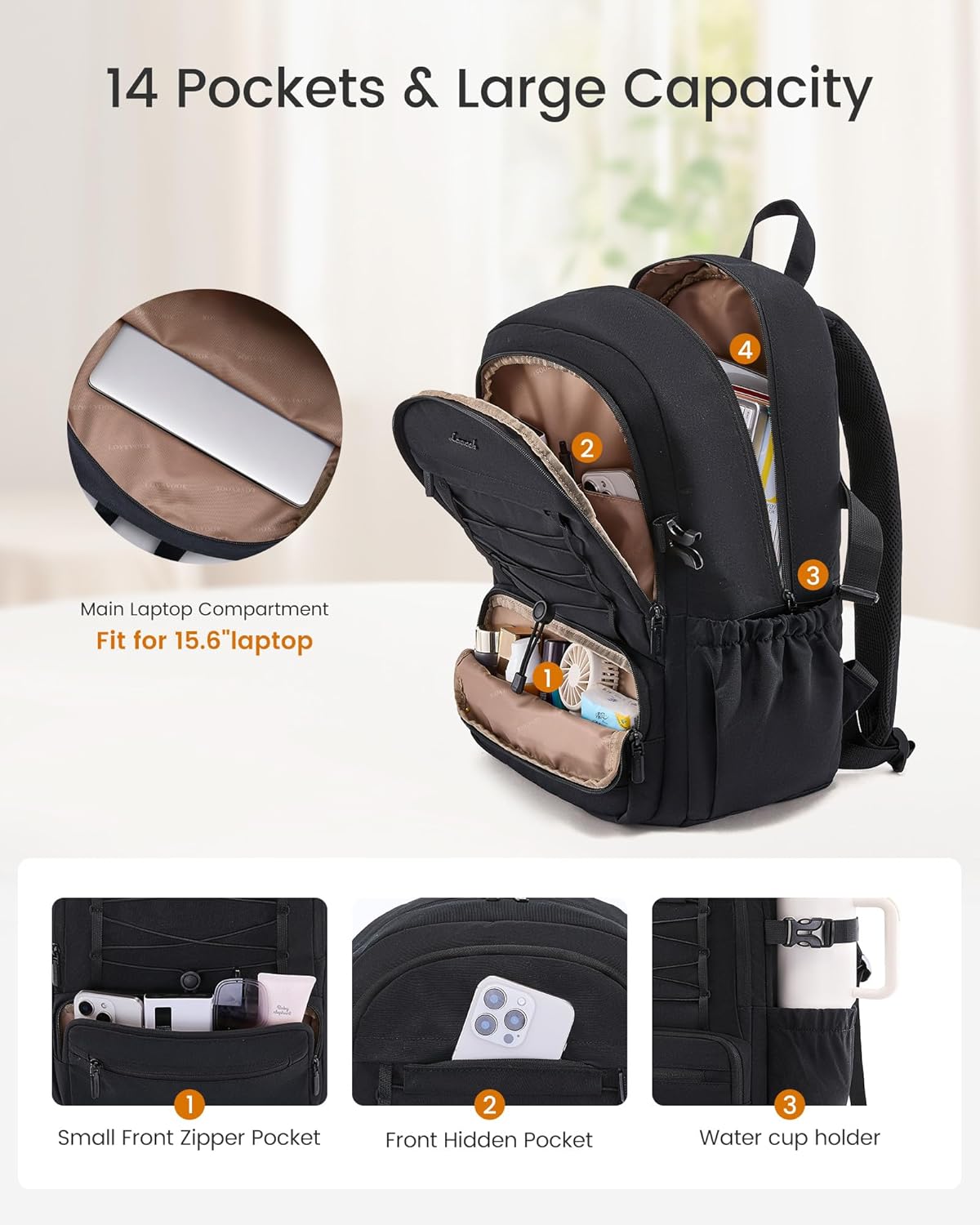 LOVEVOOK Laptop Backpack for Women & Girls, Large Capacity Everyday Backpack with Water Bottle Holder, Chic Versatile Backpack Purse, Lightweight Casual Daypack for Work, College, Black-white-brown - Image 2