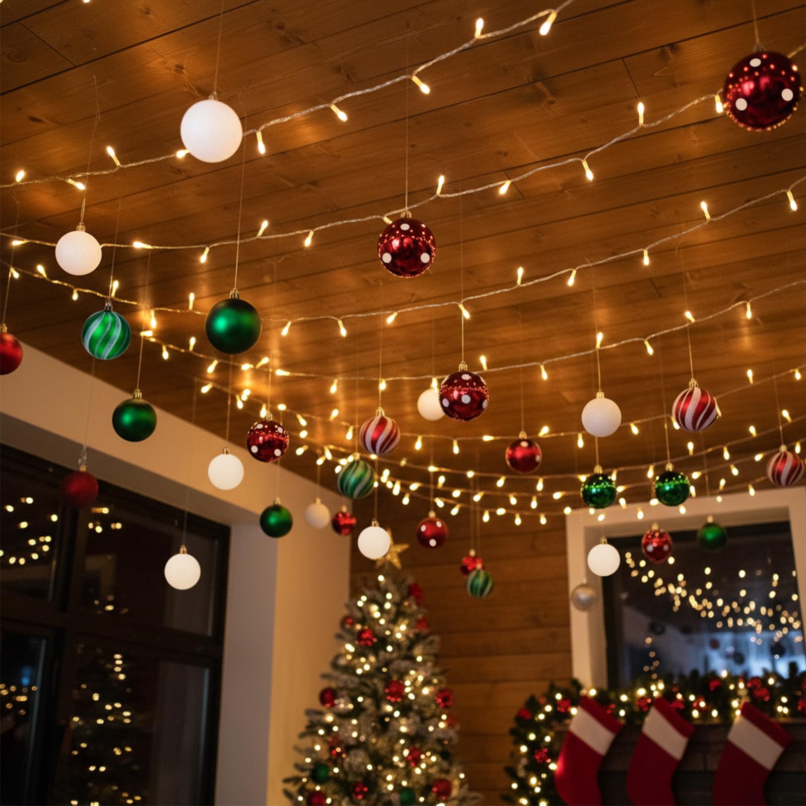 Soulchen Lot de 30 boules de Noël à suspendre au plafond avec guirlande lumineuse de 10 m avec 100 LED et crochets pour Noël, fête de vacances, intérieur ou extérieur, décoration de cour
