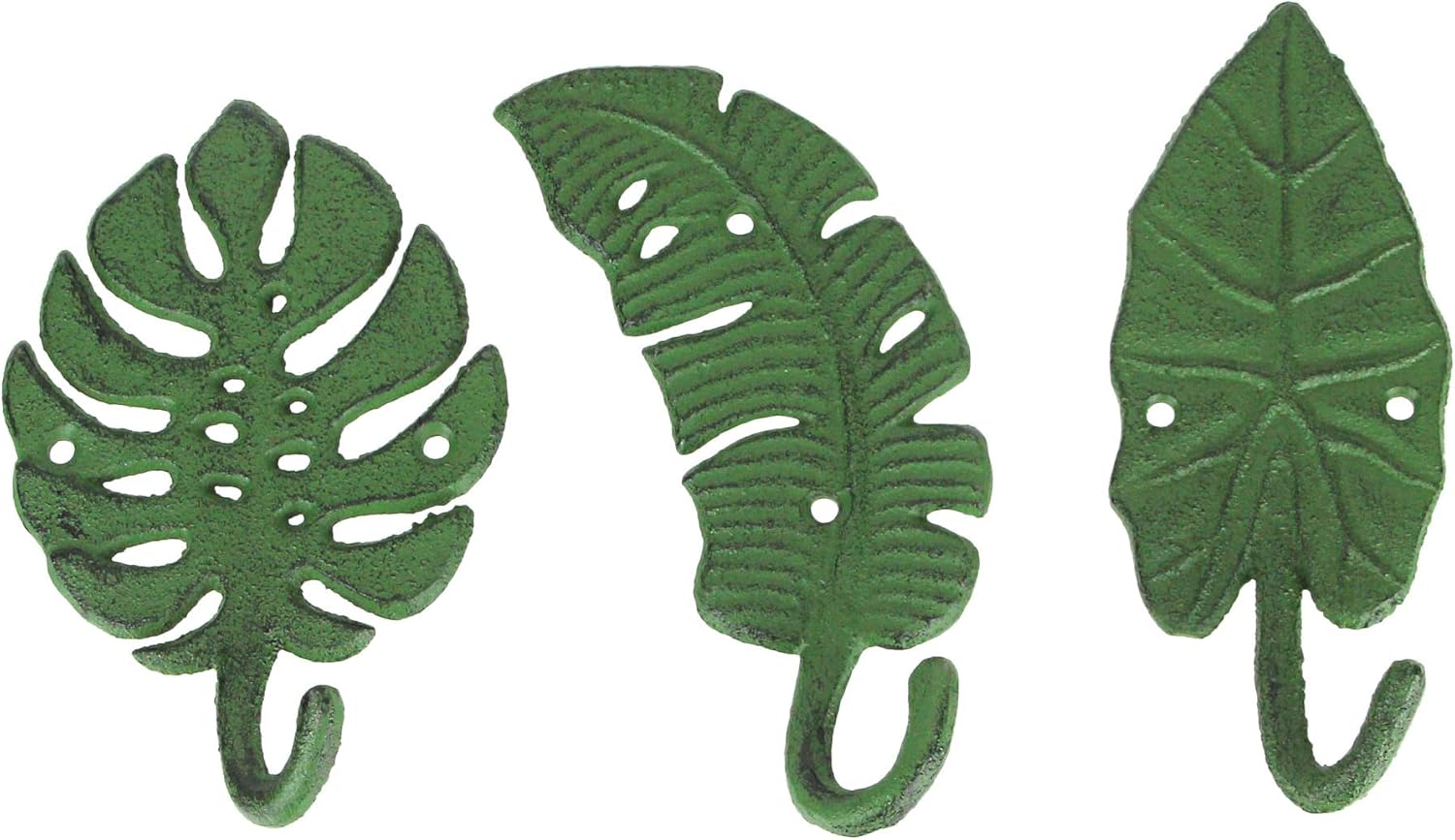 Zeckos Set of 3 Cast Iron Green Tropical Leaf Decorative Wall Hooks - Functional and Stylish - 6 Inches High - Beach Elegance - Perfect for Towels, Coats, and More
