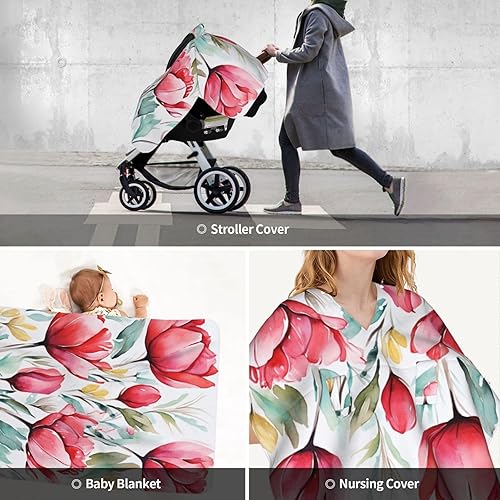Miniatura 9 de Baby Car Seat Canopy Cover for Mom, Soft Breathable Nursing Breastfeeding Covers Multi Use Stroller Sun Shade Newborn Shower GiftWatercolor Tulip