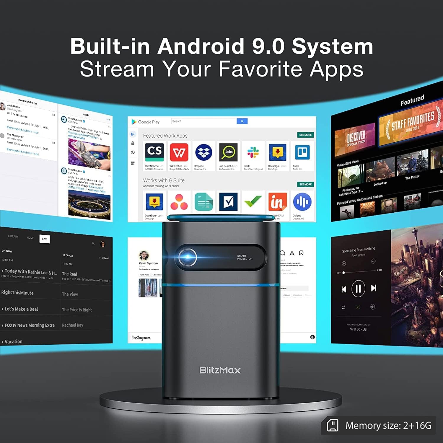 The BlitzMax Mini WiFi Projector displaying the Android 9.0 interface with various streaming and app icons.