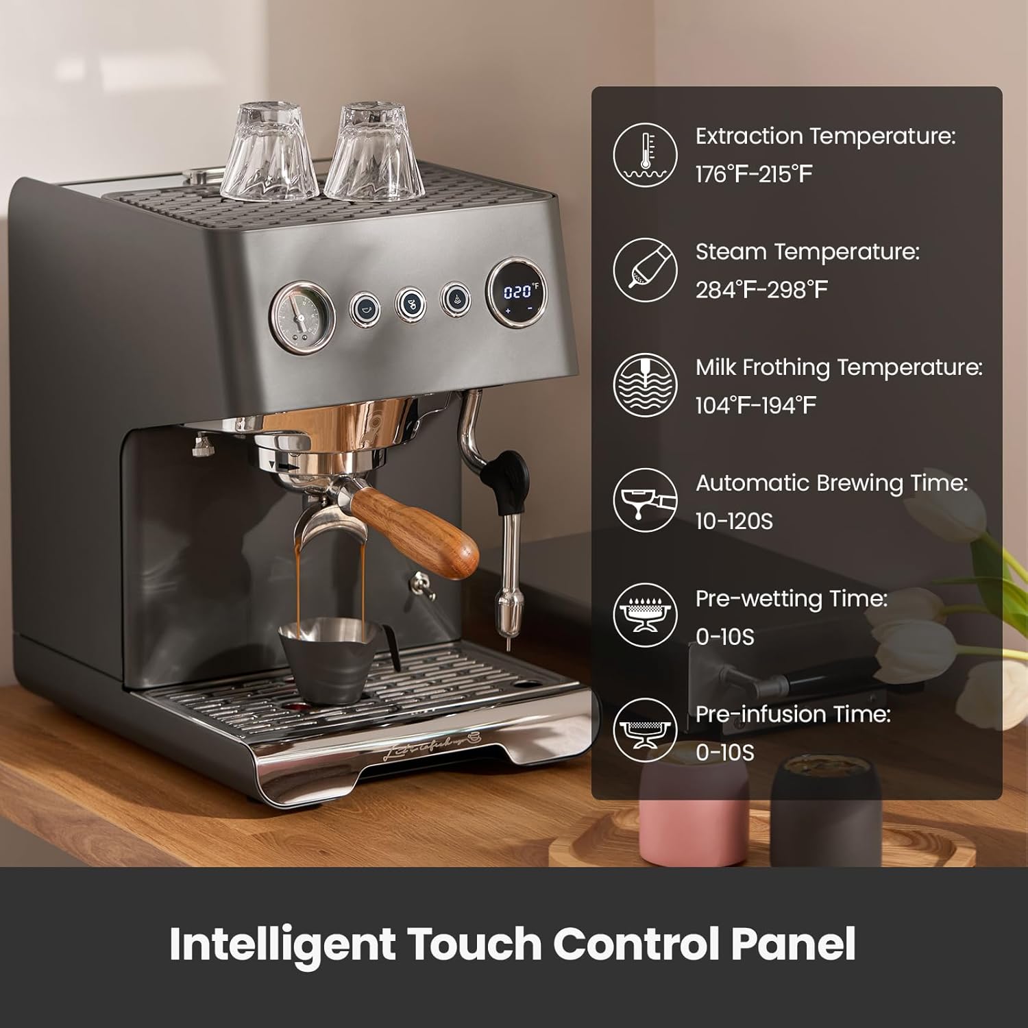 Intelligent touch control panel of the Gemilai G3028A Espresso Machine, displaying extraction temperature, steam temperature, milk frothing temperature, automatic brewing time, pre-wetting time, and pre-infusion time settings.
