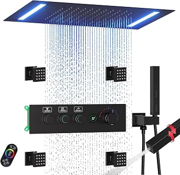 20 X 14 Inch Rainfall LED Shower Head Thermostatic System, Brass Shower Diverter Valve Flow Control Valve with LED Temperature Display and 4 Body Jets Spray Matte Black