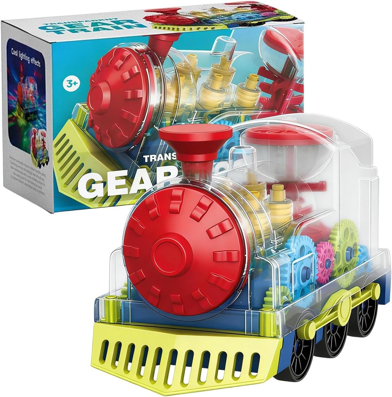 Battery Operated Train Toy, Light Up Gear Trains, Transparent Moving Gear Vehicle with Music and Flashing Lights, Electric Train Toys for Kids Interactive Learning Toy, Fun Educational Toys