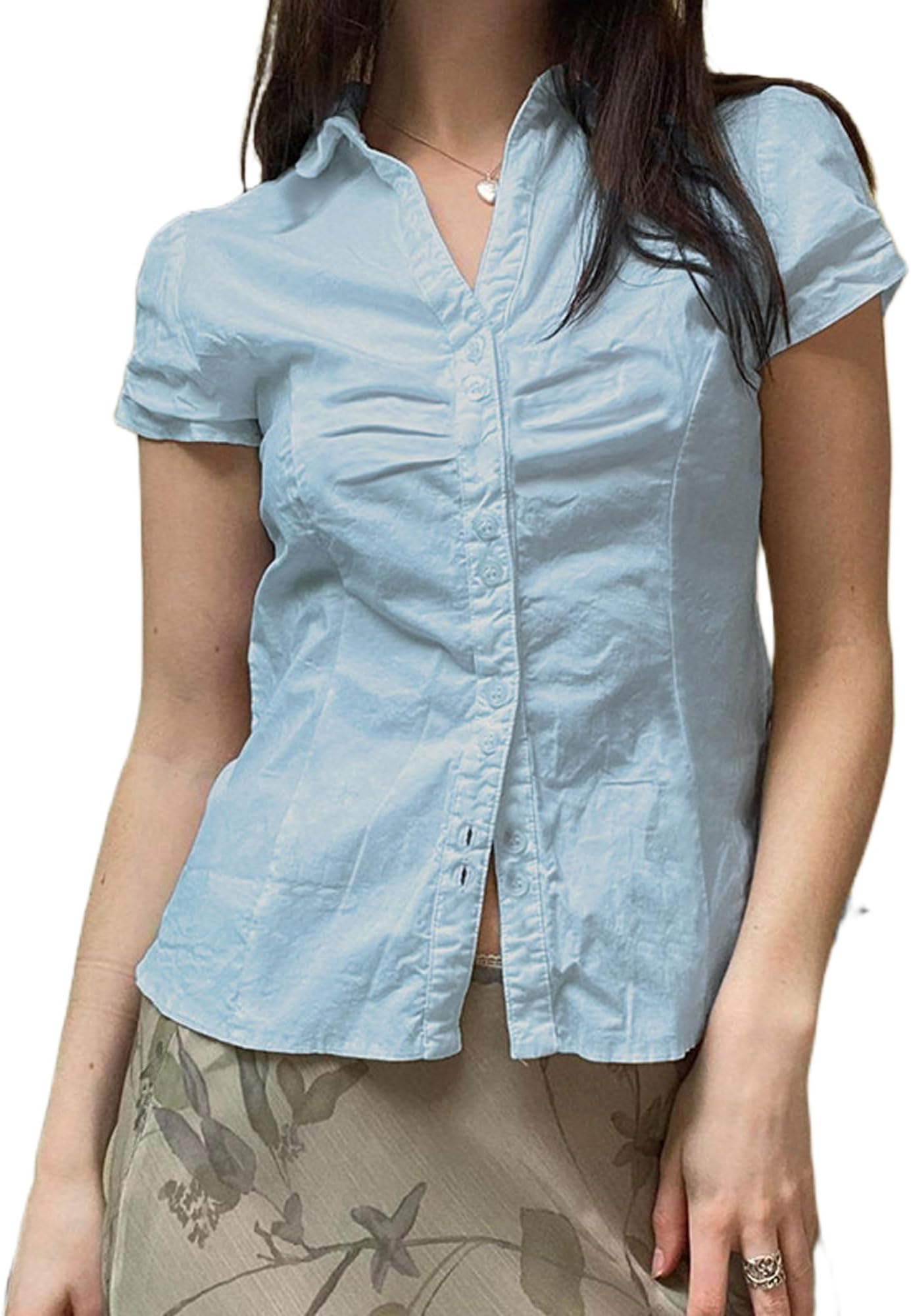 Women's Basic Button Down Blouse Shirts Short Sleeve V Neck Lapel Collar Tight Blouse Tie Up Back Slim Fit Tops Summer Office Shirt