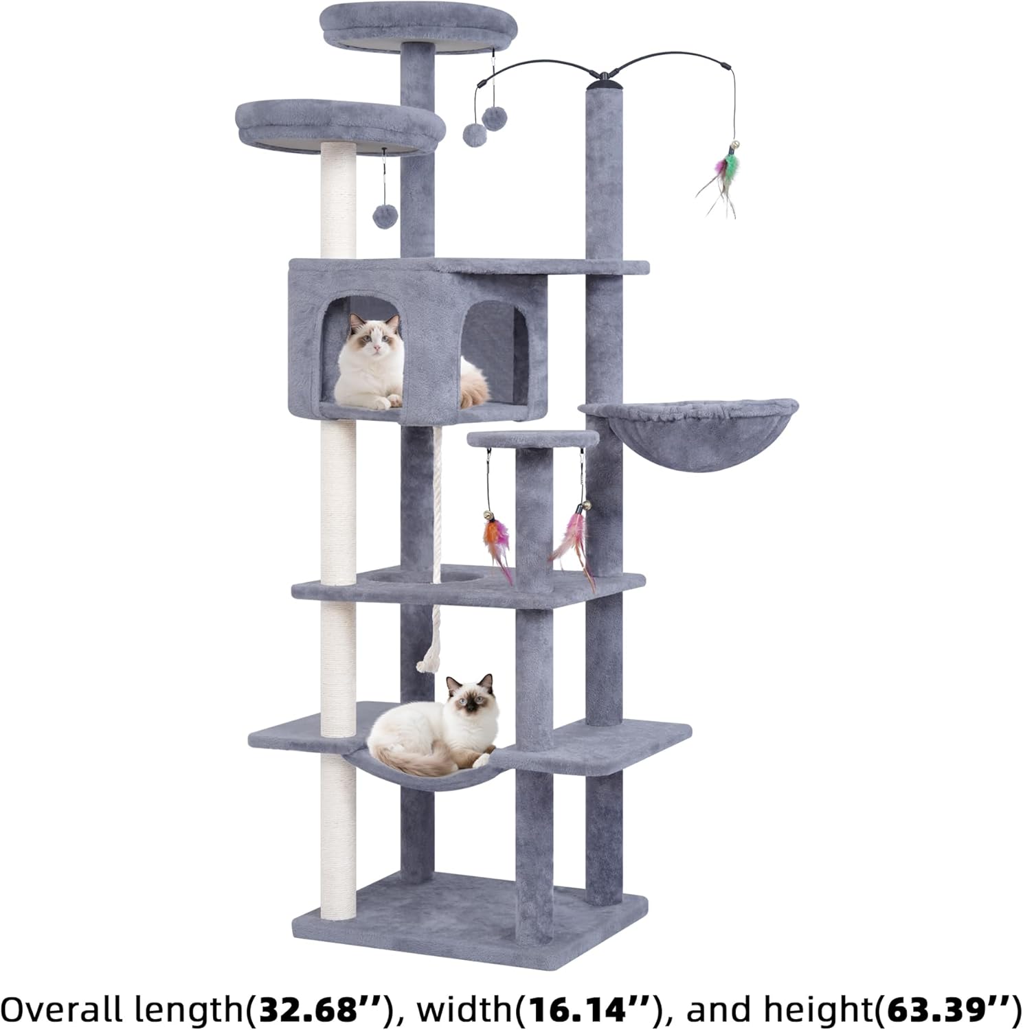 Big Cat Tree, Cat Tower with Multi-Level Condo, Hammocks, Rotating Toy (Grey, 63.4'')