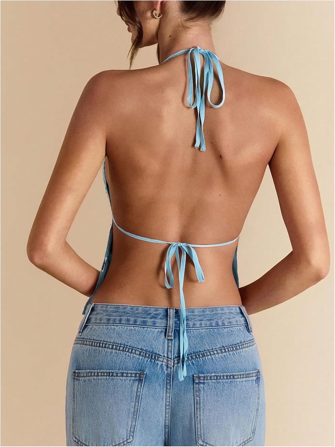 MakeMeChic Women's Floral Textured Halter Top Sleeveless Tie Back Elegant Cami Crop Tops - Image 3