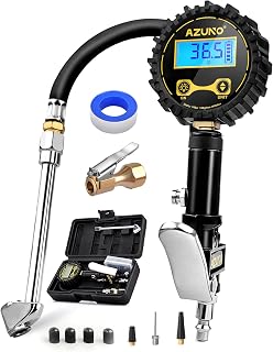 AZUNO Digital Tire Inflator Gauge 200 PSI Heavy Duty w/ Accurate 0.1 PSI Display, Rubber Hose Chuck, Quick Connect & Portable Case