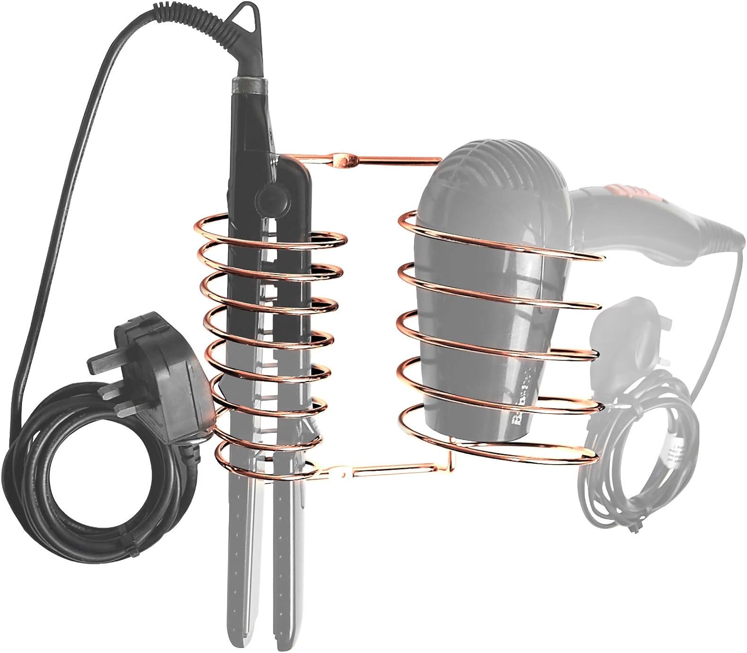 Pukkr Hair Dryer & Straightener Holder | Wall Mounted Metal Bracket with Cable Tidy | Heat Resistant Spiral Hanging Rack (Rose Gold)
