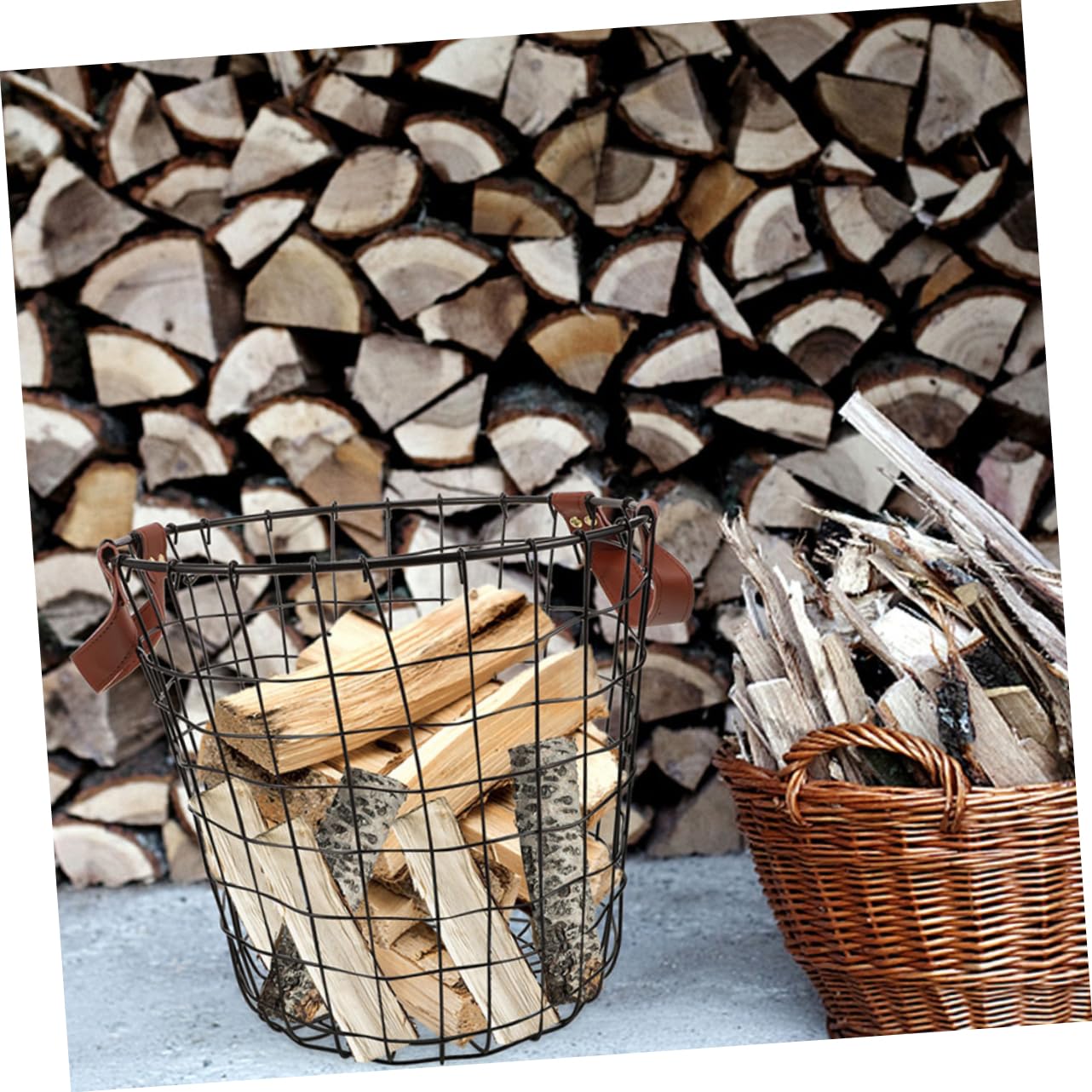 Cesto Portalegna Rotondo in Ferro con Manico Stile Rustico | Ampia Capienza, Uso in Cucina e Ambienti Domestici, Design Farmhouse Decorativo