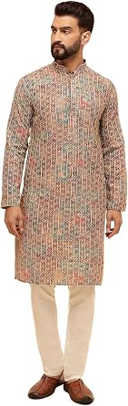 Sojanya Since 1958 MenS Cotton Silk Gold Thread Floral Embroidered Kurta With White Pyjama