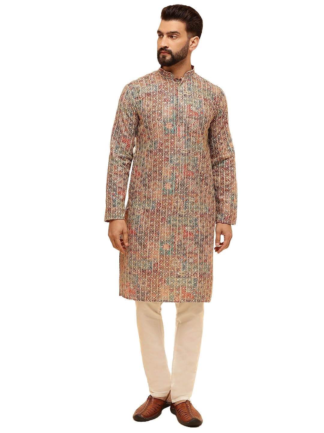 Sojanya (Since 1958 Men's Cotton Silk Gold Thread Floral Embroidered Kurta With White Pyjama