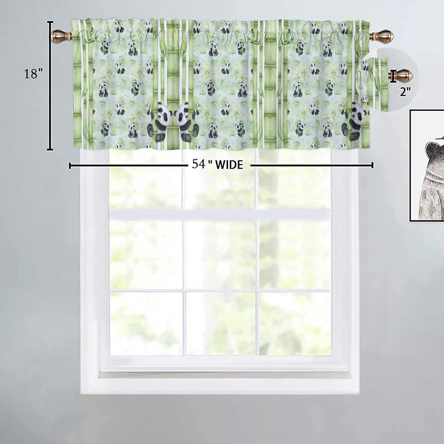 Cartoon Watercolor Panda Kitchens Valances for Window,Cute Nursery Baby Panda Bamboo Forest Print Rod Pocket Curtain Valance for Bathroom Living Room Bedroom Curtains 54x18inch（2Pcs）