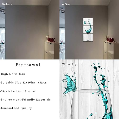 Miniatura 6 de Biuteawal 3 piezas de decoración de pared de cocina, vino turquesa con mariposa sobre fondo de madera, pintura sobre lienzo, impresiones artísticas