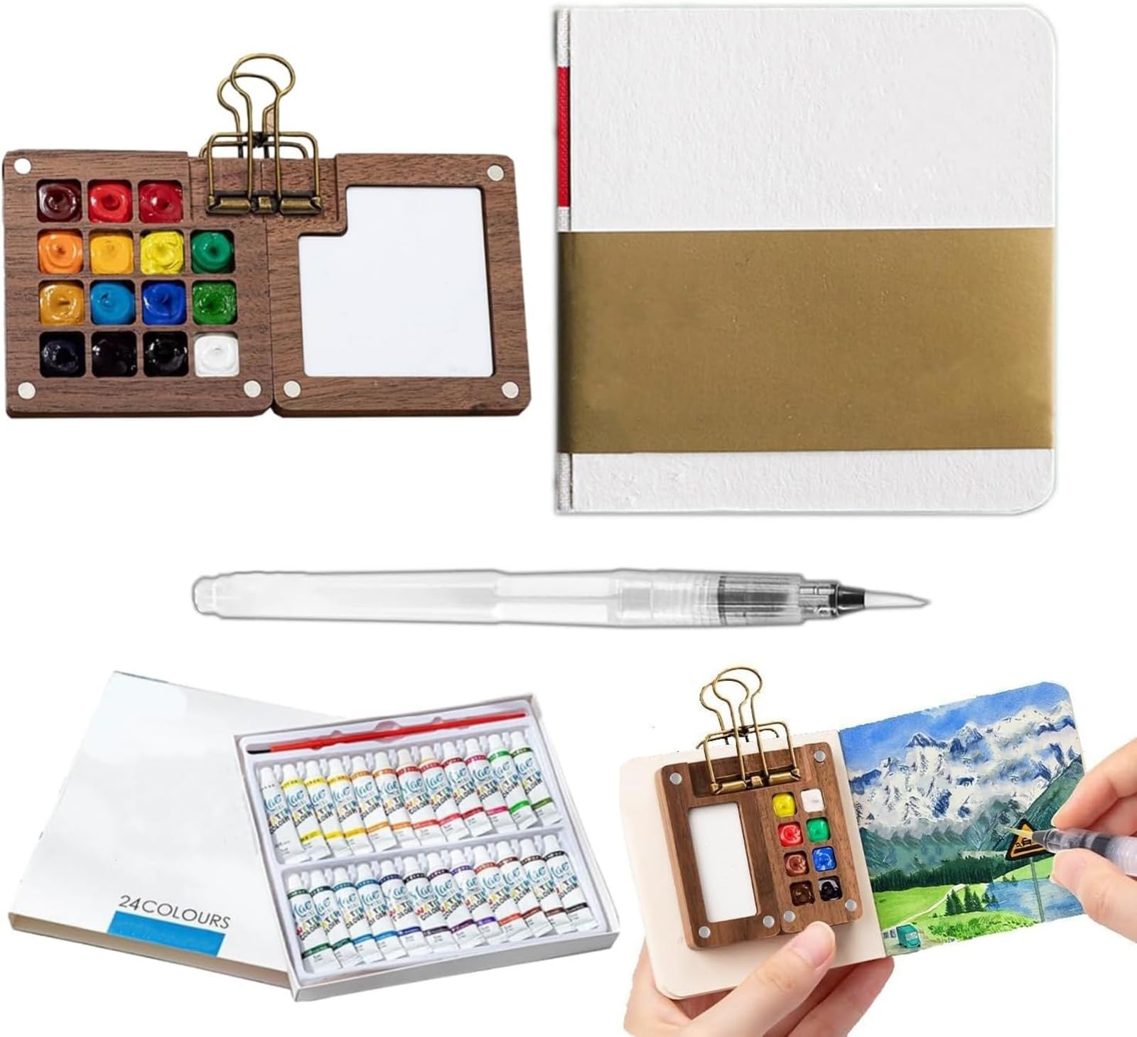 FrostelPop Mini Watercolor Paint Set with Clip Brush Pen Sketchbook for Artists Painters Students (15 Gride+24 Watercolors)