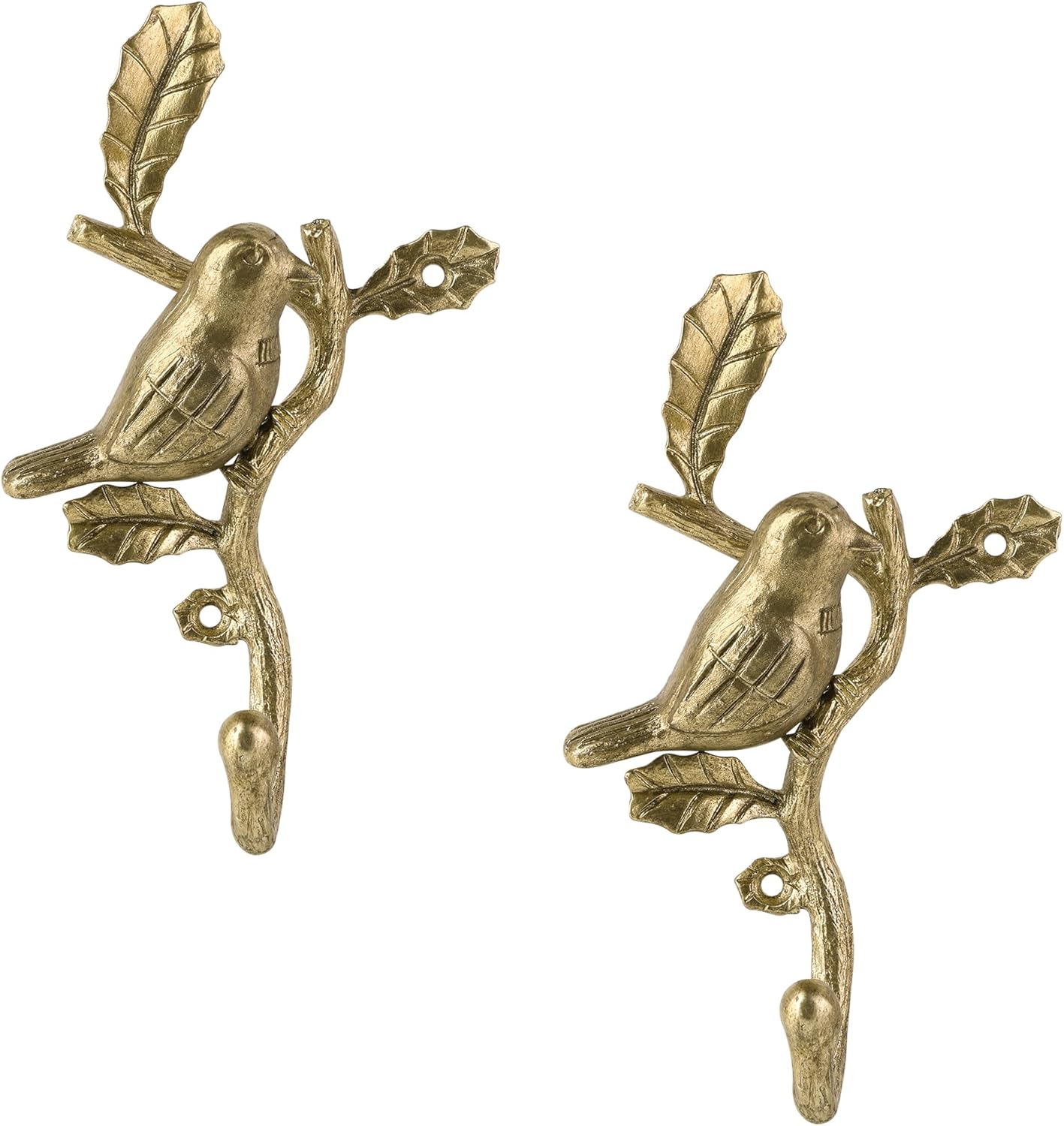 SOFFEE DESIGN 2PCS Vintage Bird & Foliage Wall Hooks, Antique Gold Heavy Duty Entryway Organizer for Coats Robes Hats with Nature Motif