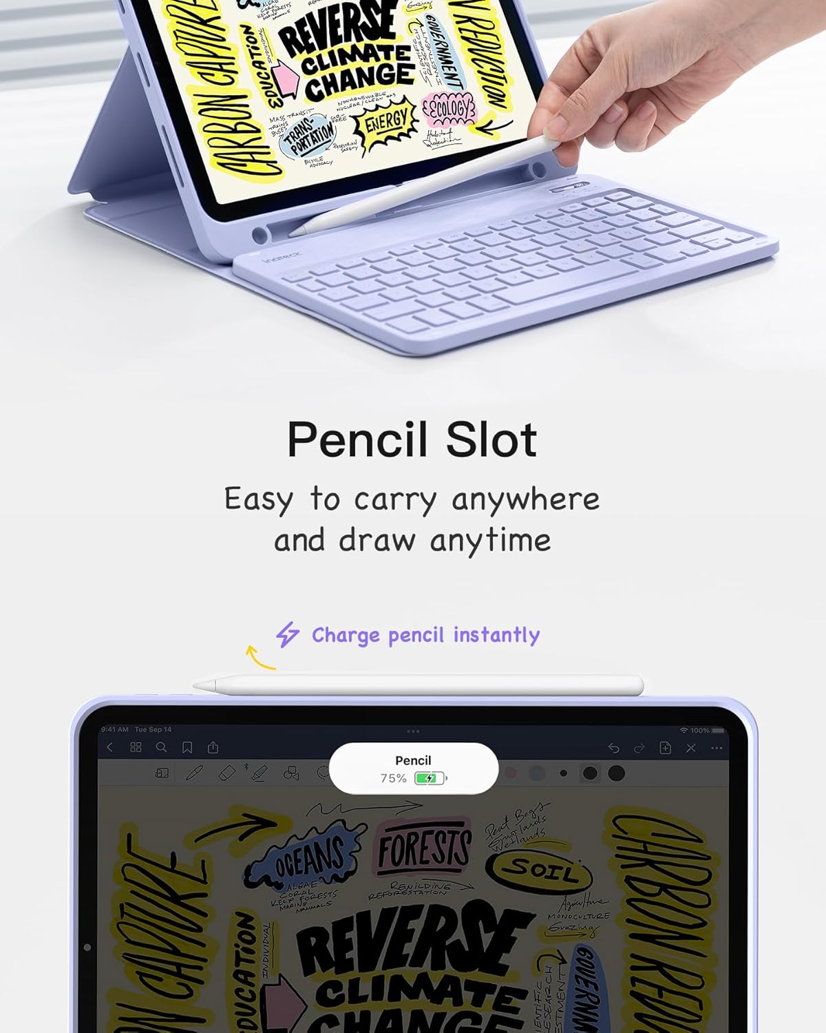 iPad in case with Apple Pencil in the integrated slot, showing charging status