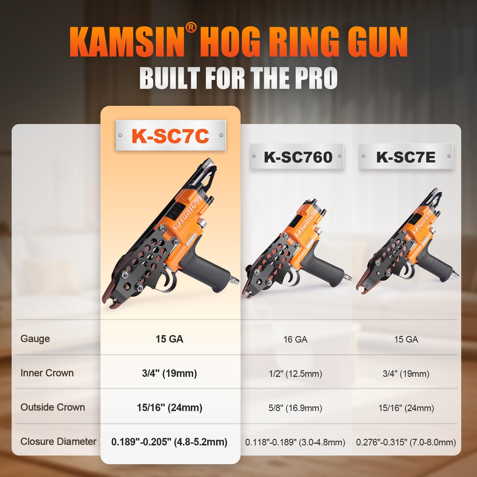 K-SC7C 15 Gauge Pistola neumática de anillo Hog 3/4-pulgada Corona 4.8mm Diámetro de cierre Grapadora de anillo Hog Poder de aire Grapadora de anillo Hog Pistola grapadora de anillo C | Cierre 4,8mm, corona 19mm, cargador acero 125, 70-100 PSI, jaulas, va
