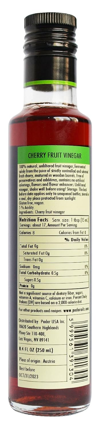 PÖDÖR Premium Cherry Vinegar - 8.4 fl. Oz. - 100% Natural, Aged in Oak Barrels, Fermented, Unfiltered, Vegan, Gluten-Free, Non-GMO in Glass Bottle