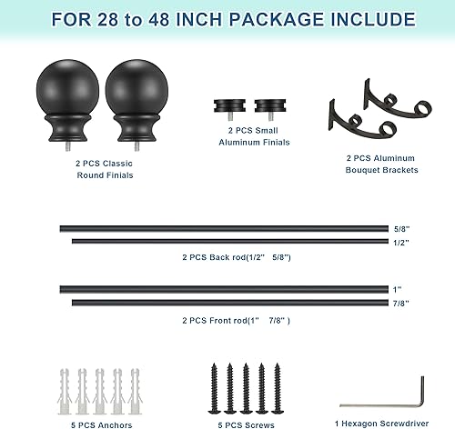 Miniatura 5 de Barras de cortina dobles con soportes de aluminio para ramo y remates redondos, barras de cortina negras mate para ventanas de 28 a 48 pulgadas,