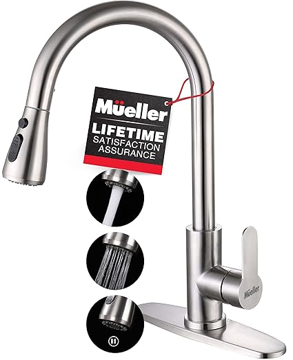 Mueller Single Handle Stainless Steel Kitchen Faucet, High Arc, Single Lever, Pull-Out Sprayer Head, Stream Flow, Powerful Spray Kitchen Sink, with Deck Plate Brushed Nickel Finish