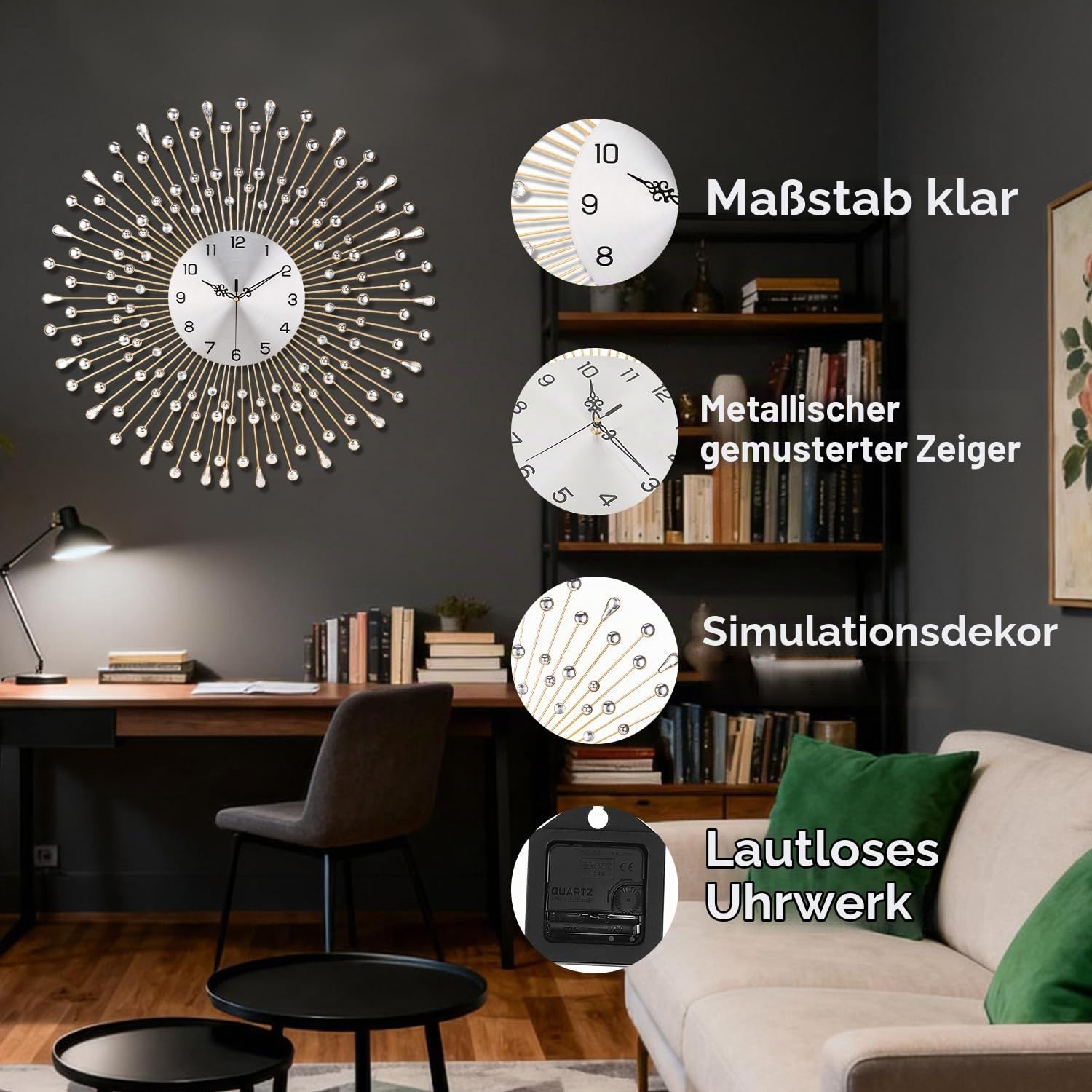 Große Wanduhr, dekorativ mit funkelnden Kristallen, batteriebetrieben, Moderne Eleganz, Metall-Wanduhren für Wohn- und Schlafzimmerdekoration, Exquisite Küchenuhr, 20 Zoll