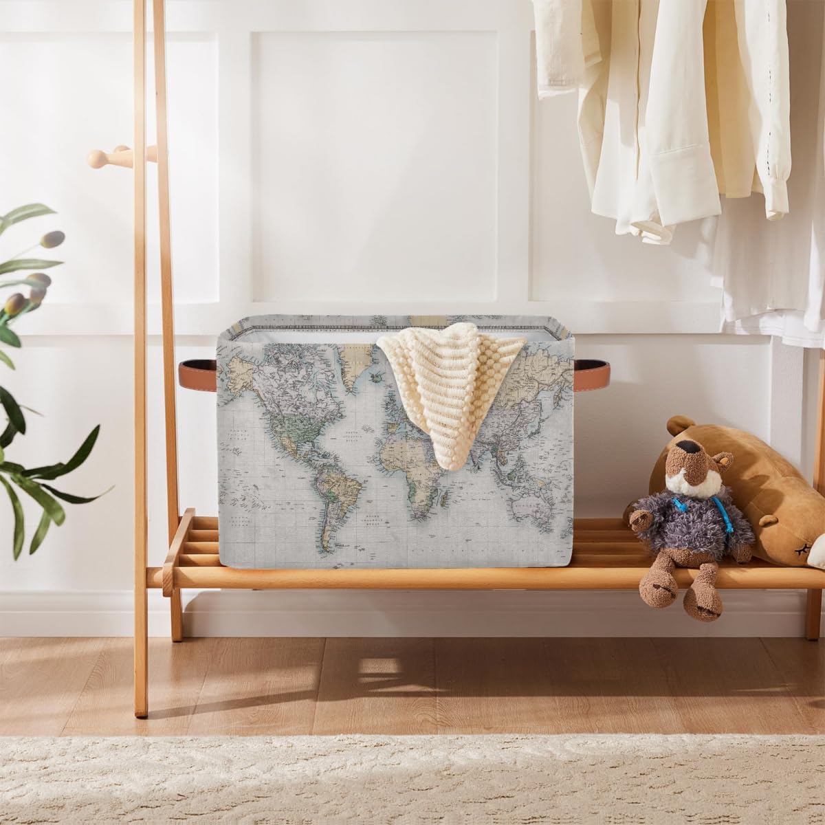 Vintage World Map Storage Basket Collapsible Laundry Organizer with Leather Handles Retro Map Print Rectangular Storage Box Bin 1 PC for Bathroom Clothes Kids Toys Nursery
