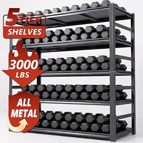 Miniatura 3 de Estantería de metal para garaje, estantes de almacenamiento de acero resistente, capacidad de 3000 libras, estante de metal ajustable de 5 niveles,